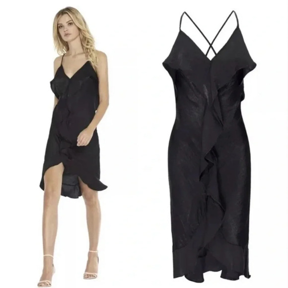 NWT Misa Los Angeles Dress Ele Black Satin Ruffle Sleeveless Dress - Picture 1 of 6